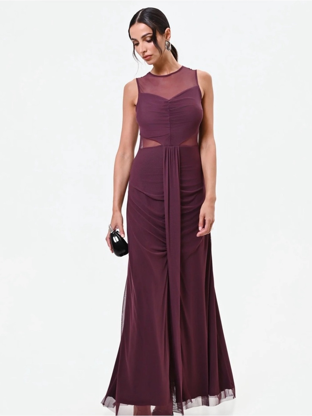 Rinascimento Plum Sheer-Yoke Ruched Maxi Dress